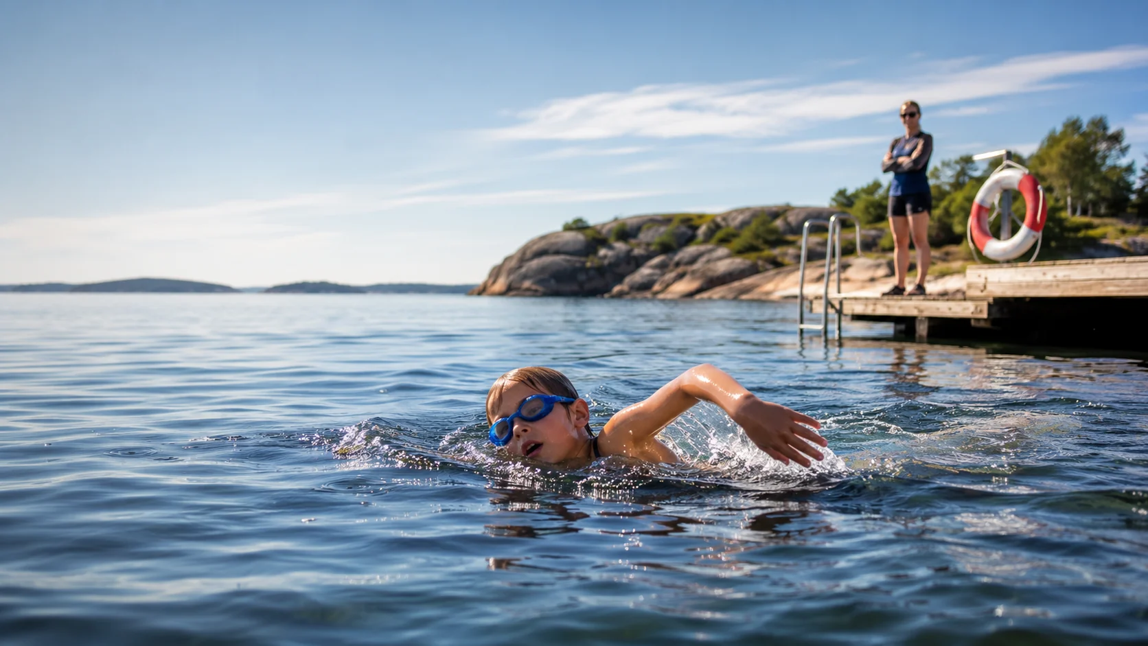 Barn simmar i öppet vatten under uppsikt vid en brygga